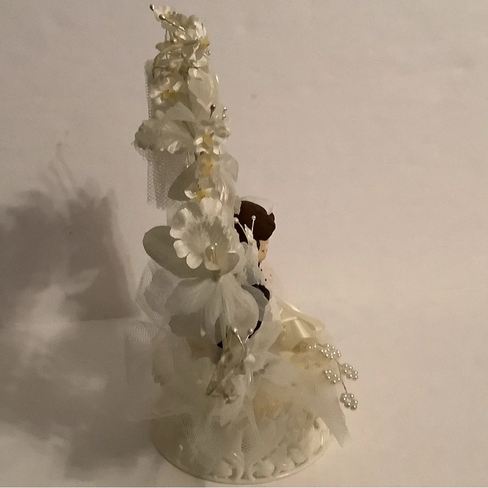 Vintage Wedding Cake Topper Porcelain Bride and Groom with White Floral Accents